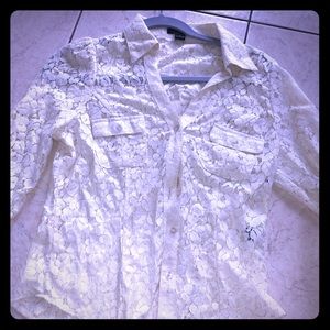 White lace, see through button down